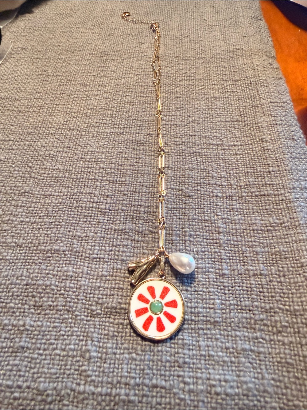 Gold Chain Necklace with Red & White Flower Pendant and Teardrop Pearl Charm